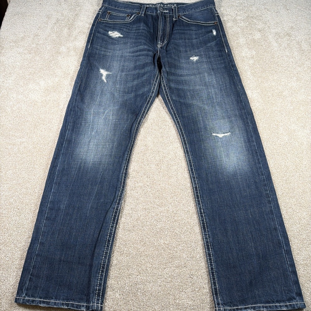 American Eagle Mens Relaxed Straight Blue Jeans 32 X 32 (FITS 33 X 31) Distress